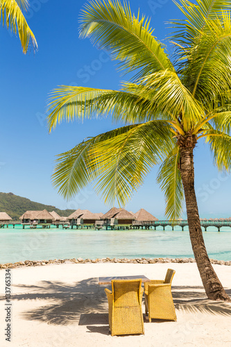 Table and chairs under tropical tree on white sand beach