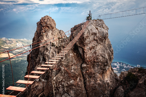 Suspension bridge on the Mount Ai-Petri in Crimea  Russia.