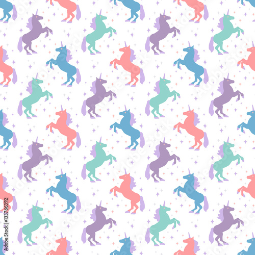 Seamless pattern with unicorn silhouette. Vector illustration. Cute magic background. Fantasy wallpaper