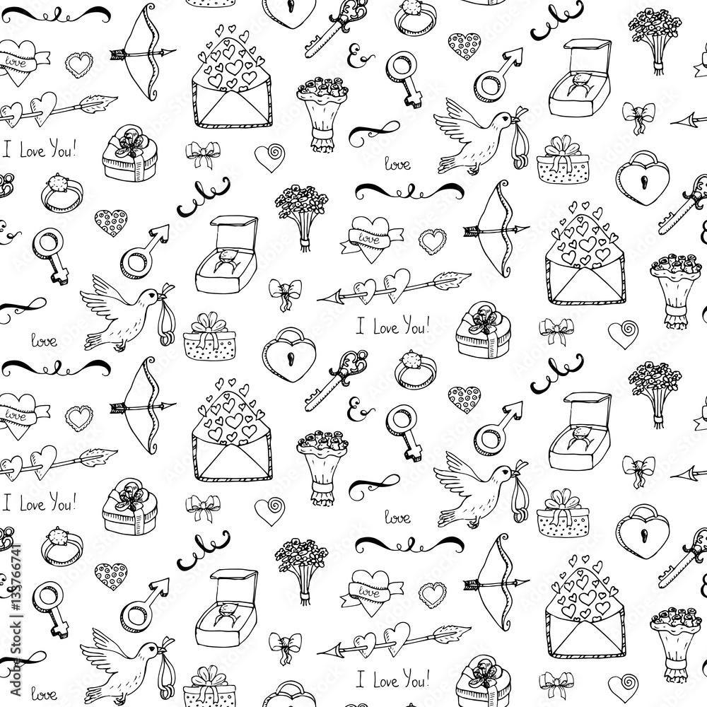 Seamless pattern with hand drawn doodle Love and Feelings collection ...