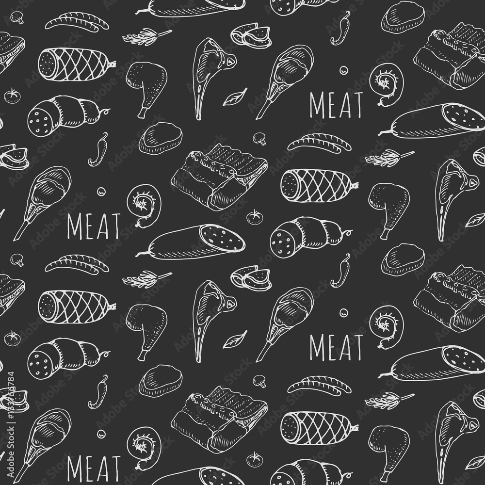 Seamless pattern Hand drawn doodle set of cartoon different kind of meat and poultry. Meat set Vector illustration Sketchy elements: Lamb Pork Ham Mince Chicken Steak Bacon Sausage Salami Delicatessen