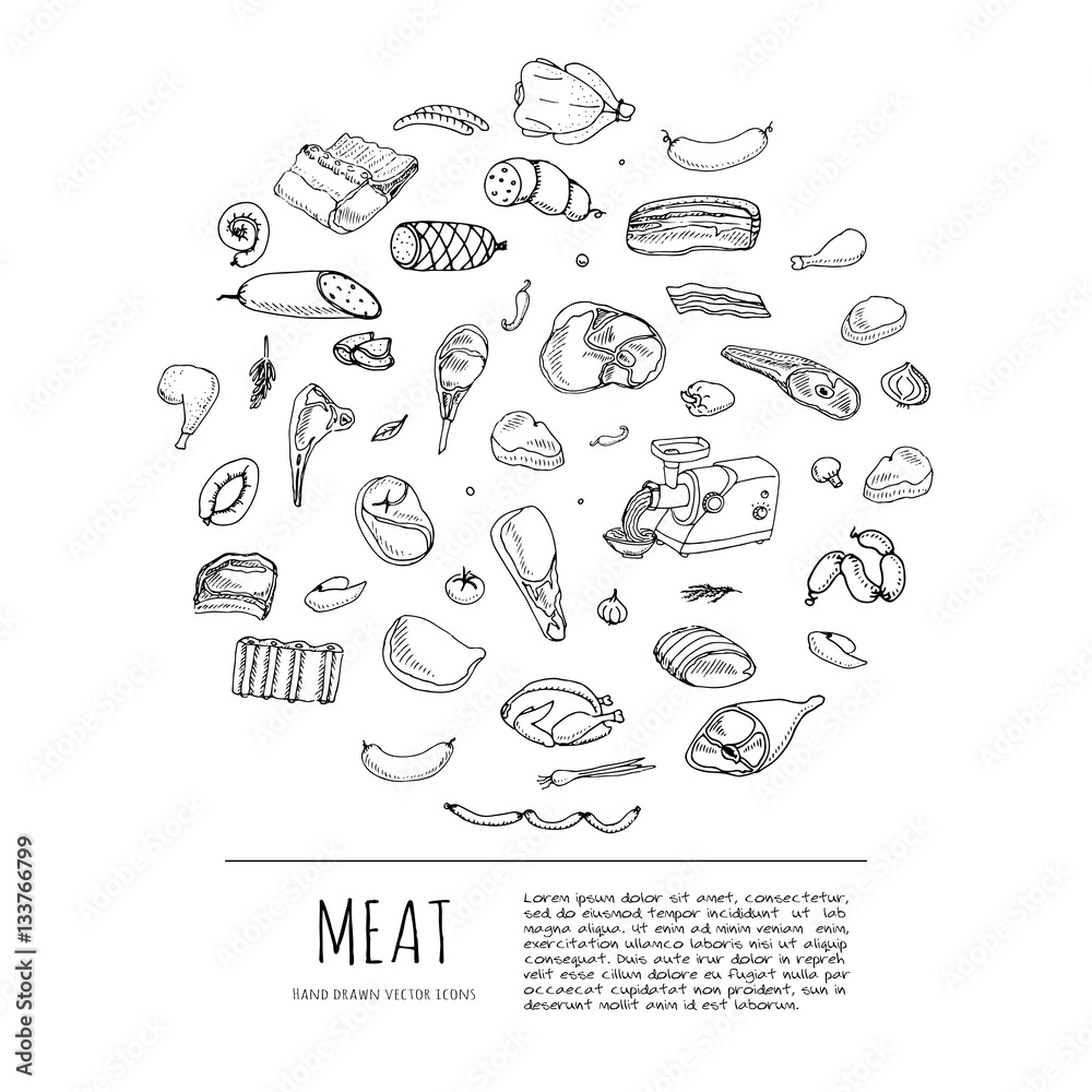 Hand drawn doodle set of cartoon different kind of meat and poultry. Meat set Vector illustration. Sketchy flesh elements collection Lamb Pork Ham Mince Chicken Steak Bacon Sausage Salami Delicatessen Hand drawn doodle set of cartoon different kind of meat and poultry. Meat set Vector illustration. Sketchy flesh elements collection Lamb Pork Ham Mince Chicken Steak Bacon Sausage Salami Delicatessen