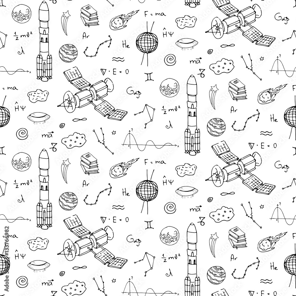 Seamless pattern Hand drawn doodle Space and Cosmos set. Vector ...