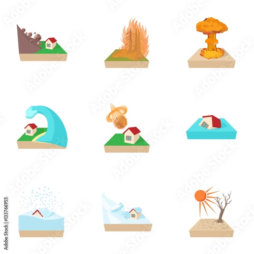 Natural catastrophe icons set, cartoon style