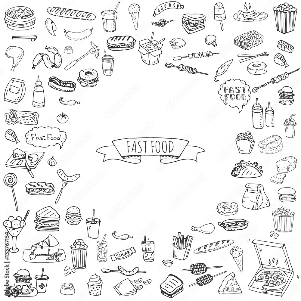 Hand drawn doodle Fast food icons set. Vector illustration. Jun food elements collection. Cartoon snack various sketch symbols: soda, burger, potato,hot dog, pizza, tacos, sweet desert, donut, popcorn