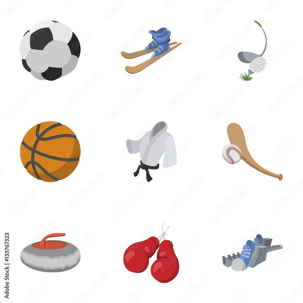 Accessories for training icons set, cartoon style
