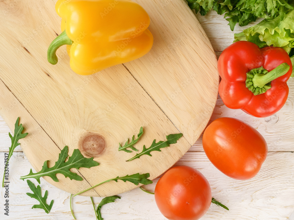 bell pepper, green salad and arugula, top view bell pepper, green salad and arugula, top view