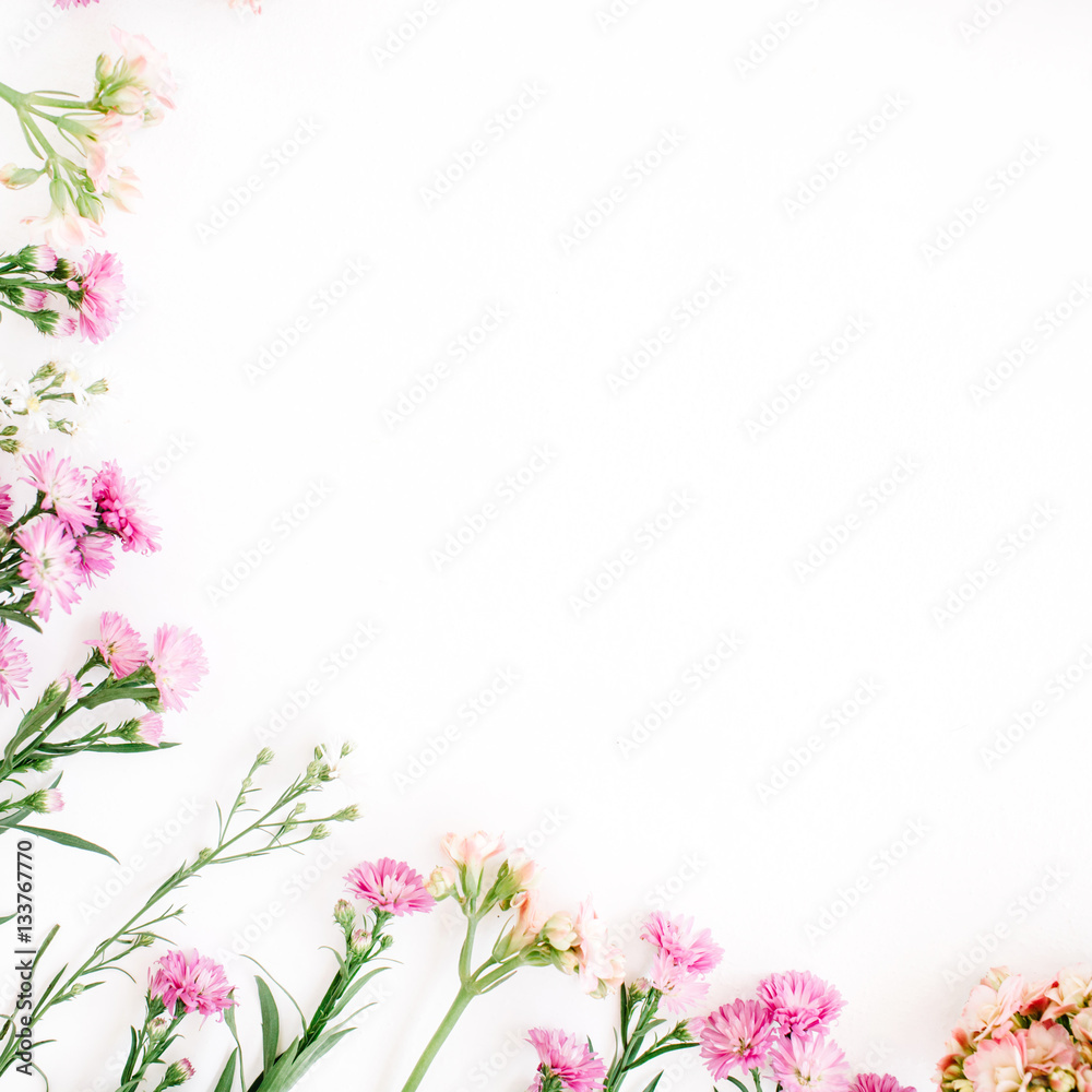 Colorful wildflowers on white background. Flat lay, top view. Valentine's background Colorful wildflowers on white background. Flat lay, top view. Valentine's background