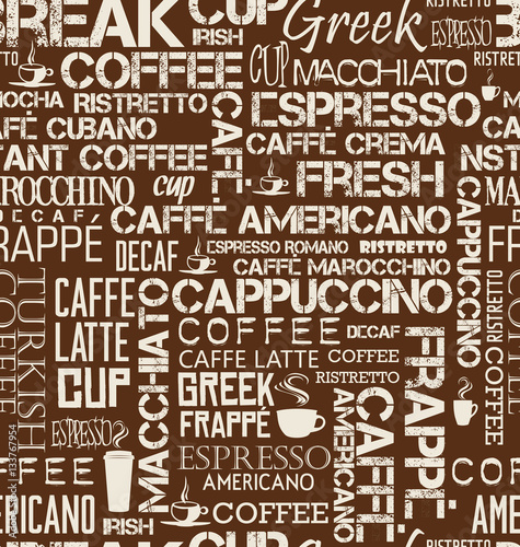 Background seamless tile of coffee words and symbols 