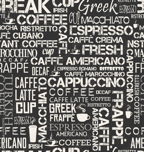 Background seamless tile of coffee words and symbols 