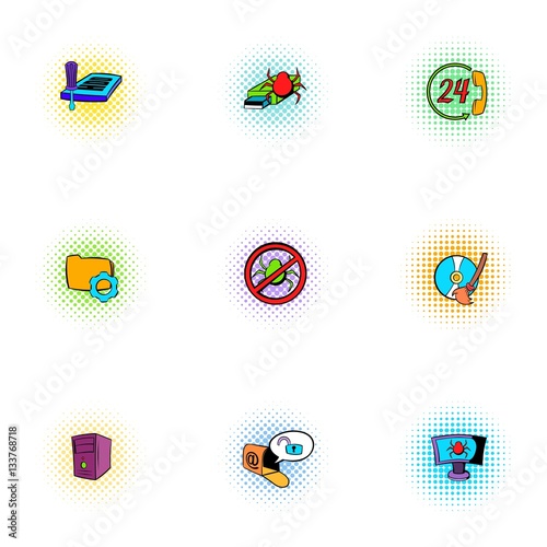 Cyber attack icons set, pop-art style
