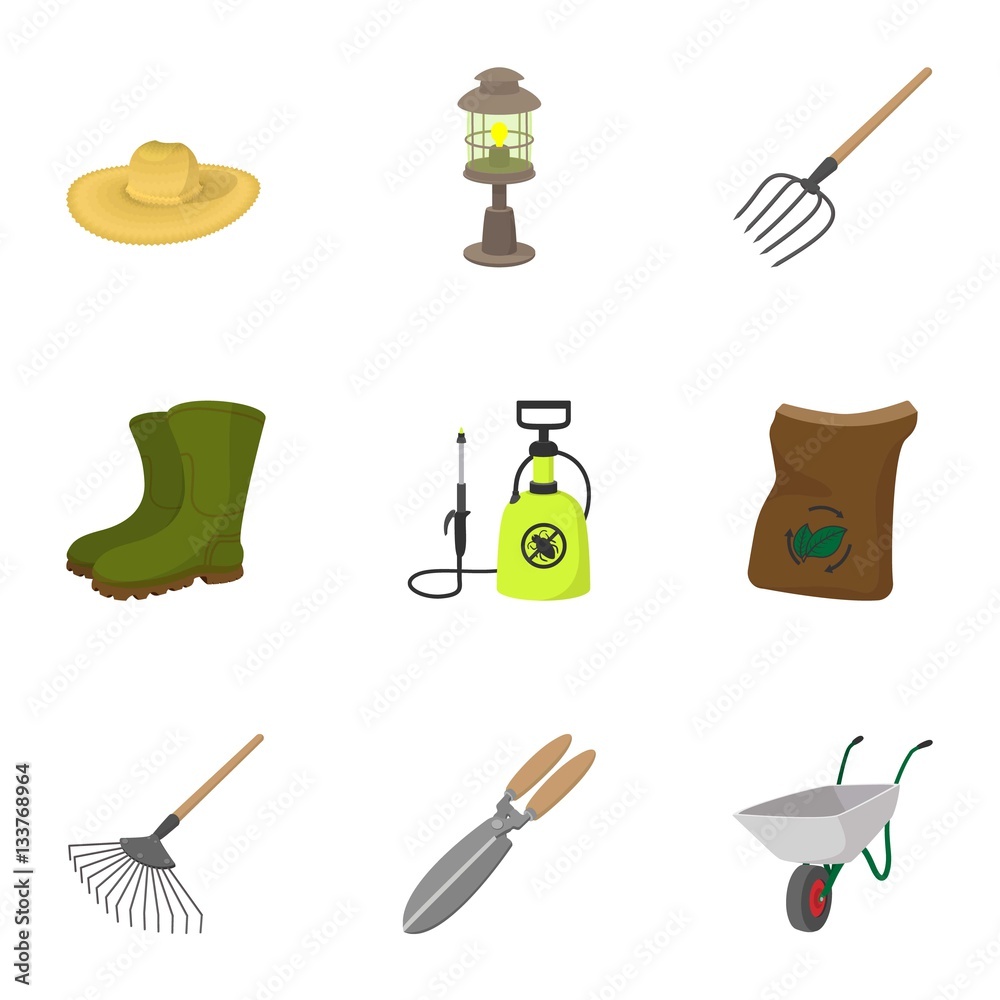 Gardening icons set, cartoon style Gardening icons set, cartoon style