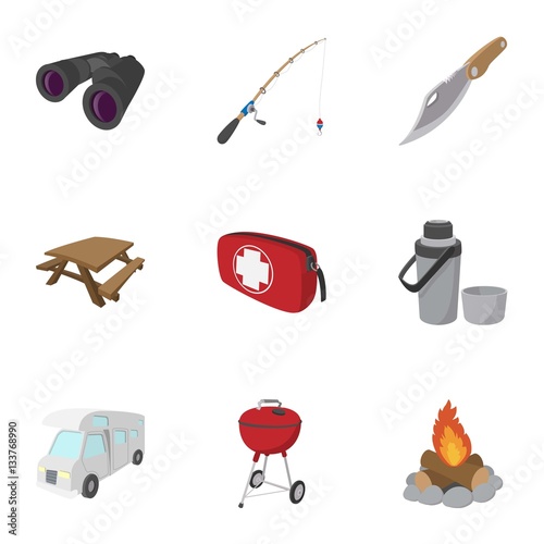 Encampment icons set, cartoon style