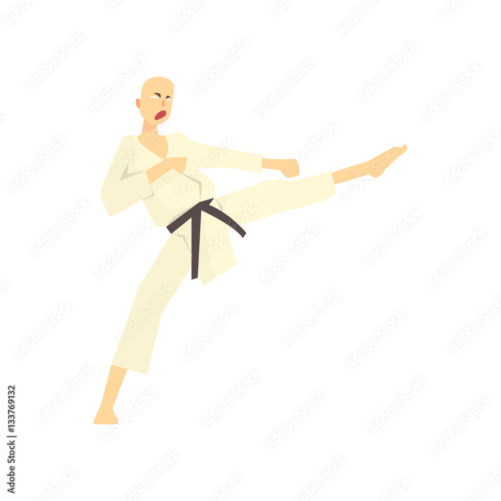 Bold Asian Monk In White Kimono Karate Martial Arts Fighter, Fighting Sports Professional In Traditional Fighting Sportive Clothing
