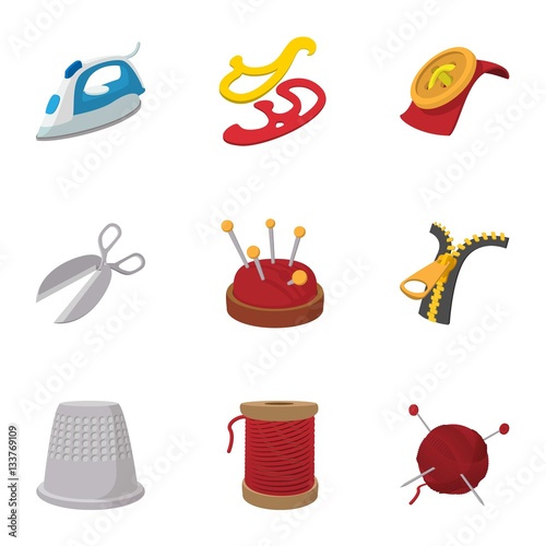 Embroidery kit icons set, cartoon style