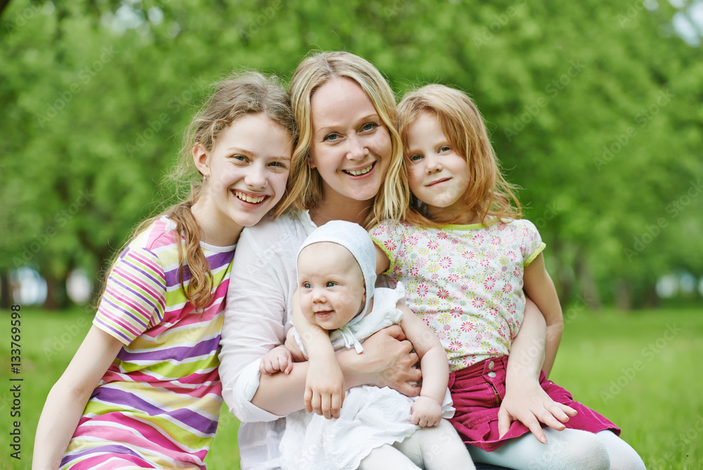Family with many children outdoors Family with many children outdoors