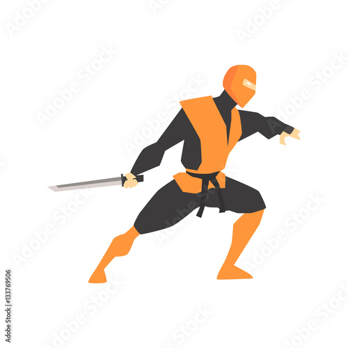 Japanese Ninja With Katana Sword Martial Arts Fighter, Fighting Sports Professional In Traditional Fighting Sportive Clothing