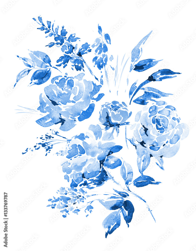 Blue watercolor roses - flowers, twigs, leaves, buds