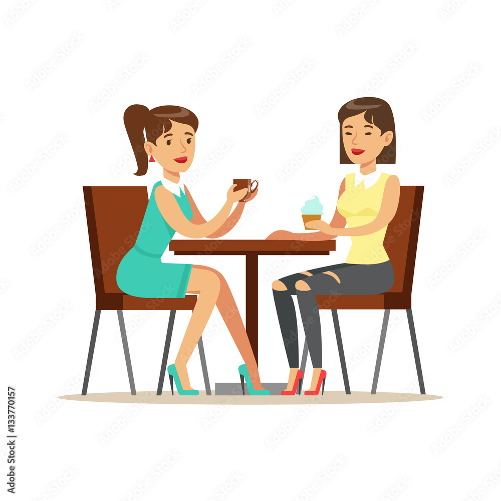 Happy Best Friends Drinking Coffee In Cafe, Part Of Friendship Illustration Series