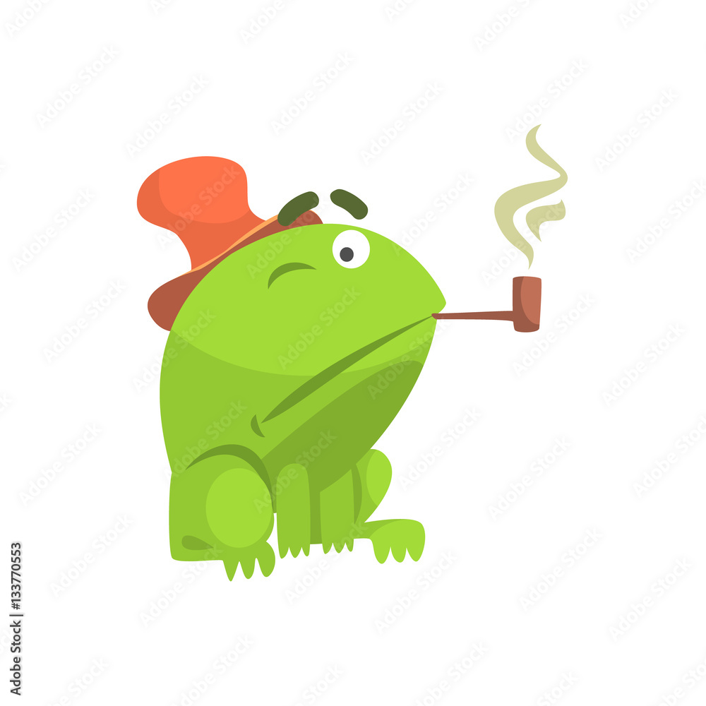 Obraz premium Green Frog Funny Character Smoking Pipe Childish Cartoon Illustration