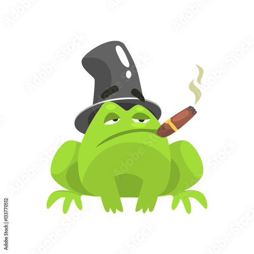 Green Frog Funny Character With Top Hat And Cuban Cigar Childish Cartoon Illustration