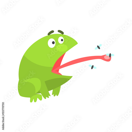 Green Frog Funny Character Catching Flies With Its Tongue Childish Cartoon Illustration