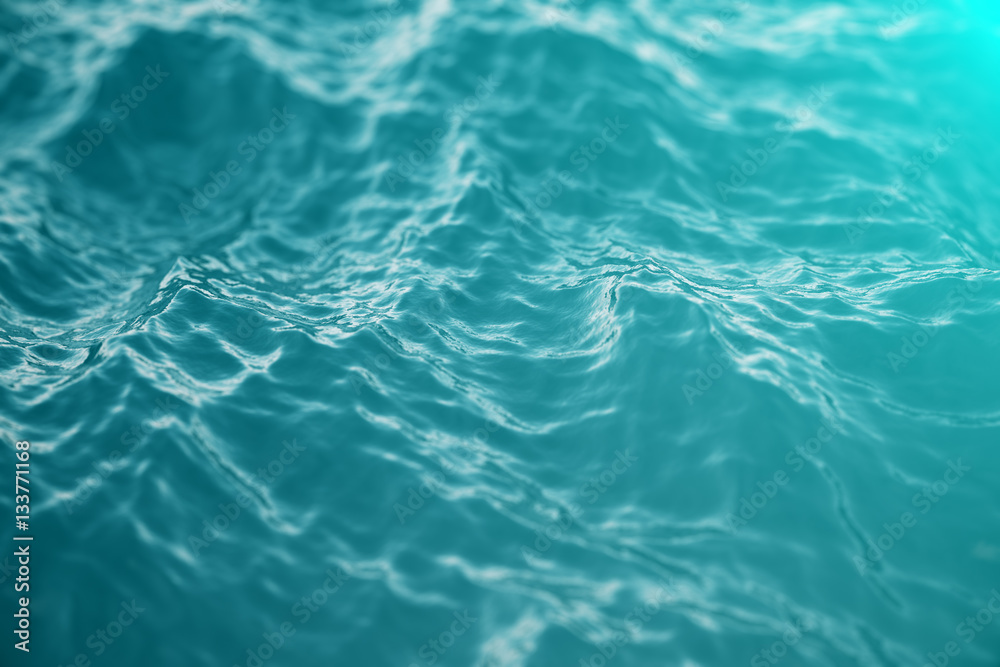 Blue water background with ripples, sea, ocean wave low angle view. Close-up Nature background. Soft focus with selective focus, 3d rendering