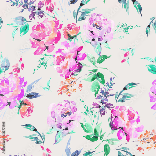 Watercolor floral seamless pattern with pink roses