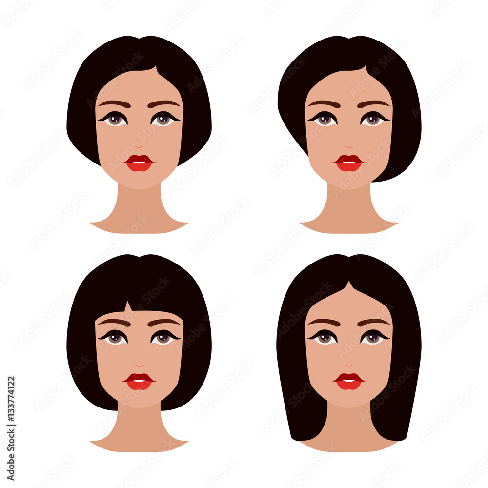 Cute beautiful young girls face with various hair style. Brunette women. Set of avatars. Vector collection Cute beautiful young girls face with various hair style. Brunette women. Set of avatars. Vector collection