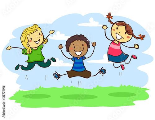Vector Illustration of Stick Kids Jumping together