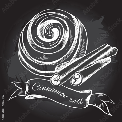 Hand drawn cinnamon roll, cinnamon sticks and banner. Vector Illustration. Poster on a blackboard.