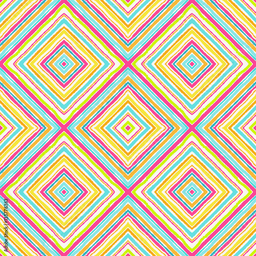 Striped diagonal rectangle seamless pattern. Square rhombus lines with torn paper effect. Ethnic background. Yellow  pink  rosy  blue  white colors. Vector