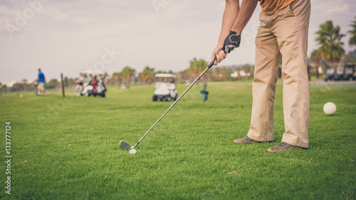 Closeup view of active man holding club playing golf on palm tree grass field outdoors background.