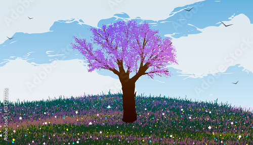 Spring. Blooming tree on a hill with flowers and butterflyes. Birds flying in the clouds.
