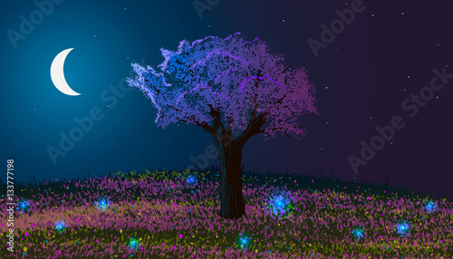 Spring. Night landscape. Blooming tree on a hill with flowers and glowworms. Moon among stars.