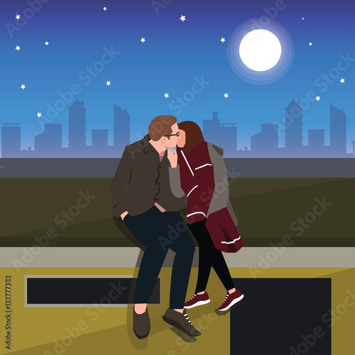 couple kissing at roof top , night. flat illustration