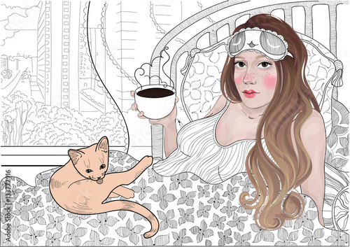 vector beautiful sleeping girl with a bandage to sleep drinking coffee in her bed with a cat