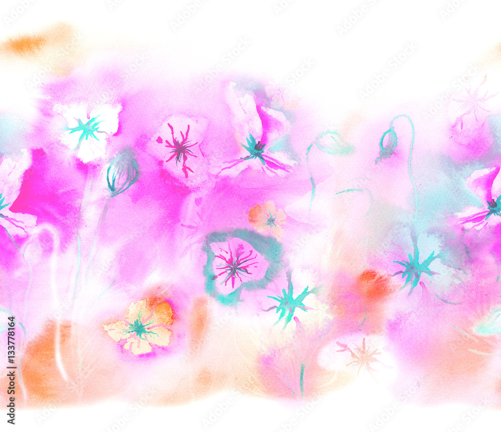 Spring seamless border with watercolor flowers