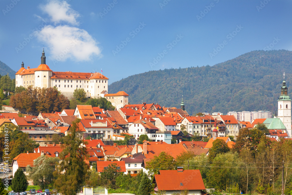 View on old medieval Slovenian town Skofja Loka on sunny day