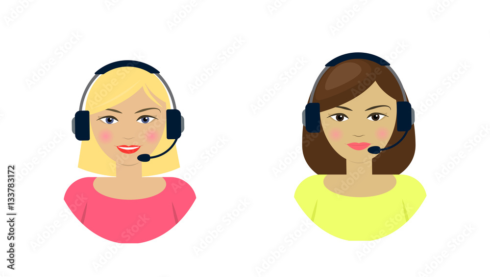 Set of women telemarketer, call center operator, hot line, online support Set of women telemarketer, call center operator, hot line, online support