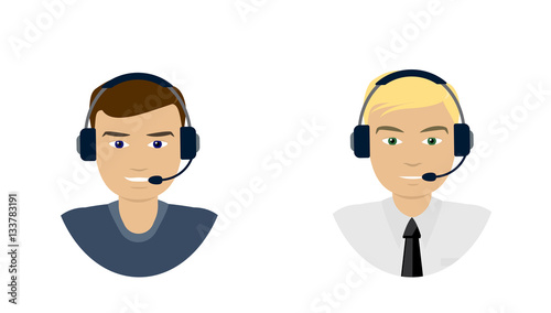 Set of  men telemarketer, call center operator, hot line, online support