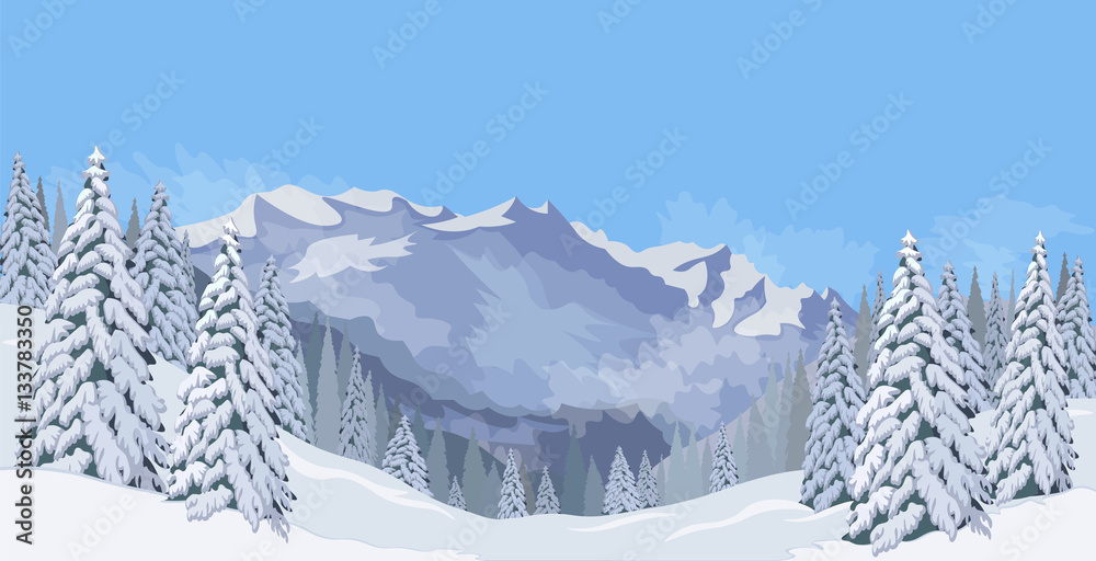 Winter mountain landscape fir snow vacation background blue sky vector