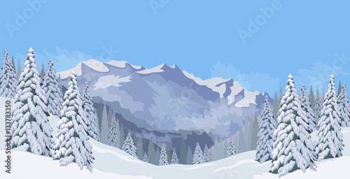 Winter mountain landscape fir snow vacation background blue sky vector