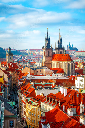 Leinwand Poster High spires towers of Tyn church in Prague city
