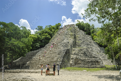 sight of the pyramid in ruins known like Nohoch Mul in the Mayan archaeological place of Coba, in Qintana Roo, Mexico