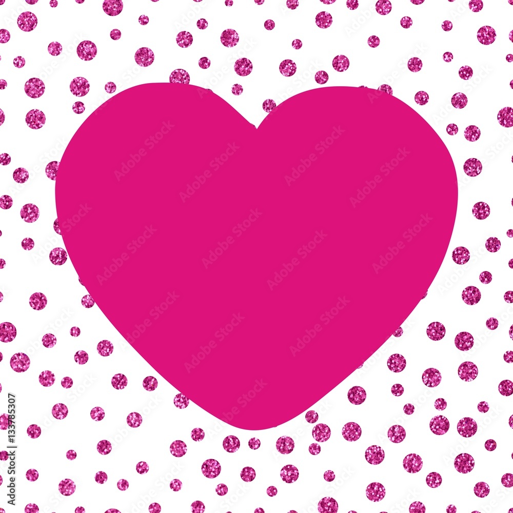 Shining glittery background with chaotic dots of different sizes and the big pink heart Theme and Valentine's Day Idea for greetings