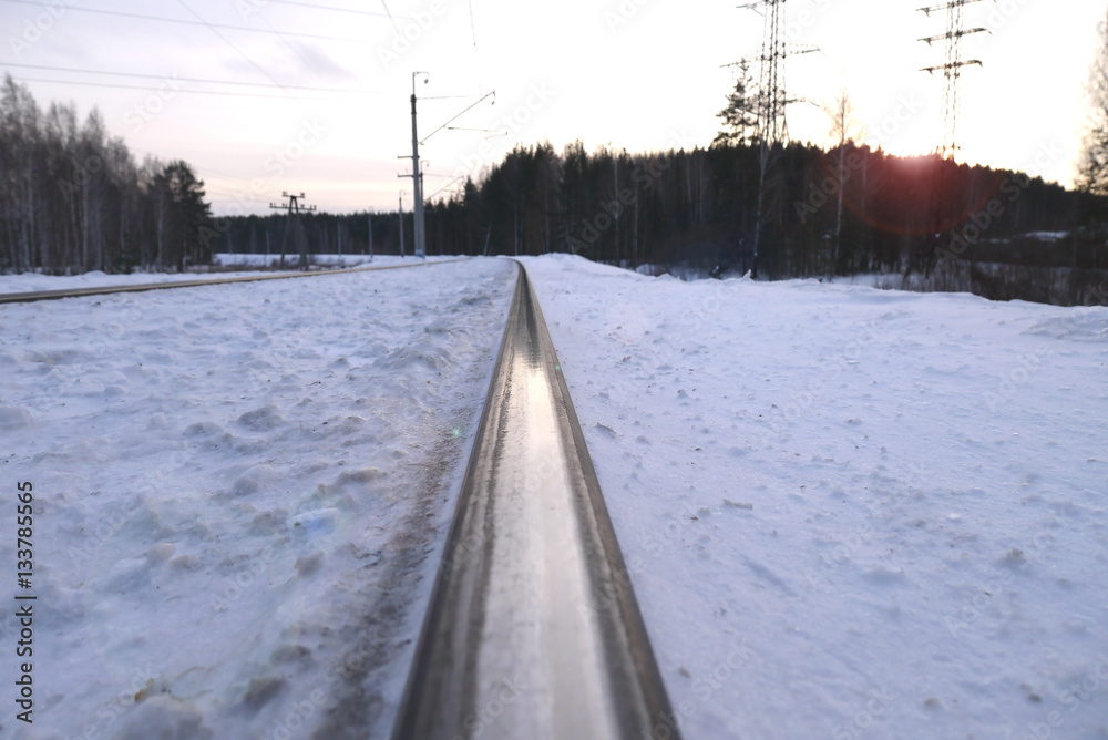 Beautiful railroad tracks in winter.  Ekaterinburg, Sverdlovsk oblast, Russia.