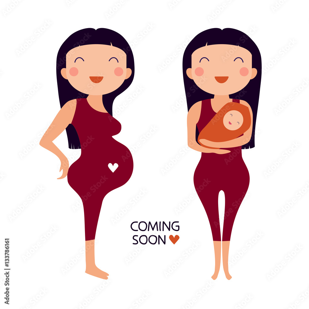 Illustration with happy pregnant woman and woman with baby on hands. Cute  cartoon characters set in vector. Text lettering 