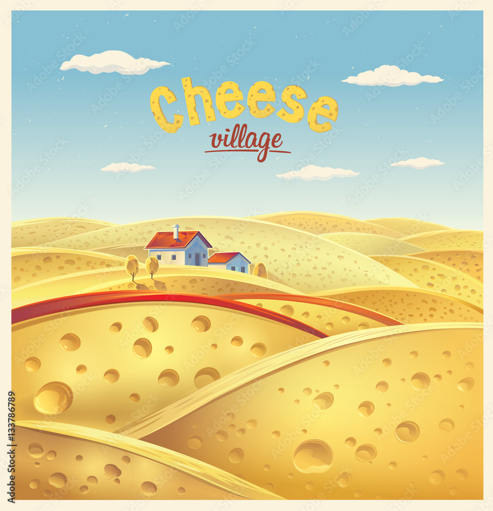 Cheese village. Vector illustration of a fictional landscape of the cheese slices.