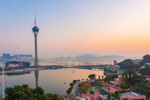 View of Macau Tower and the sunset in Macau, China.